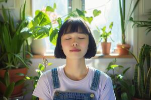 Serene girl meditating in a sunlit, minimalist space with plants around them, embodying tranquility and mindfulness for mental well-being photo