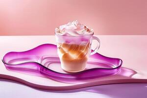 Artfully presented latte with frothy milk in a clear glass cup, set against a reflective purple surface and soft pink gradient. photo
