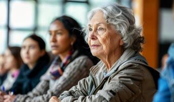 Elderly woman learning in a language class setting, embodying the spirit of lifelong learning and educational curiosity. Immigrants socialization photo