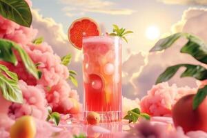 Refreshing guava beverage in a glass with floral and cloudy decoration photo