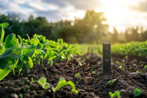 Smart agriculture technology. IoT soil moisture sensors and weather station in farmland photo