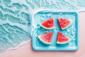 Refreshing tray of watermelon slices with ice on a beach-inspired background, celebrating the vibrancy of National Watermelon Day photo
