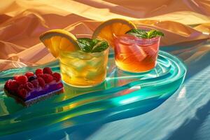 Summery refreshments with vibrant cocktails and berry tart on a teal glass platter, set against a warm yellow-orange fabric background. photo