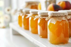 Cozy scene of homemade peach jam in jars, capturing the essence of summer's sweetness preserved for enjoyment any time of the year. photo