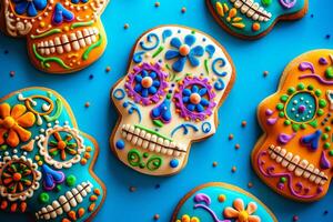 Dia de los muertos skull-shaped cookies with colorful decoration on blue background photo