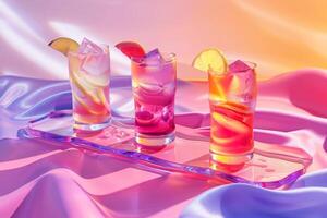 Trio of colorful summer drinks in patterned glassware on a dynamic pink and purple wavy backdrop, accentuated with fresh garnishes. photo