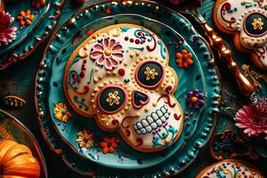Dia de los muertos concept skull-shaped cookie on a plate and colorful decoration photo