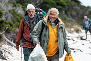 Two elderly people walking along a beach while participating in a cleanup activity, carrying bags of collected trash photo