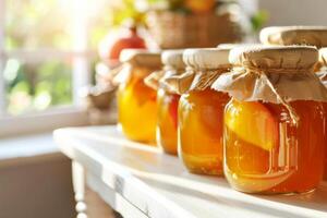 Assortment of homemade rustic jams, beautifully presented in jars against a natural backdrop, showcasing the art of preserve-making with a personal touch. photo