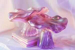 Translucent reeded glass gradient mushrooms and books composition. photo