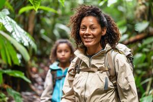Family journey. Mother and daughter hiking through a dense. Local family travel practices photo