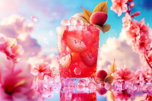 Refreshing guava beverage in a glass with floral and cloudy decoration photo