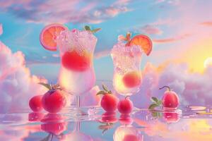 Refreshing guava beverage in a glass with floral and cloudy decoration photo