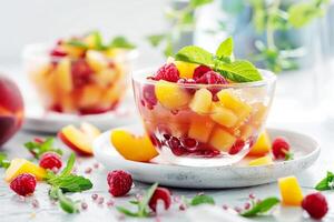 Homemade dessert, spotlighting ripe peaches alongside a selection of fresh berries, meticulously prepared for a delightful finish. photo