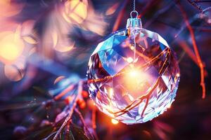 Sparkling crystal Christmas ball ornament hanging on a tree branch, reflecting colorful lights and creating a magical, festive atmosphere photo