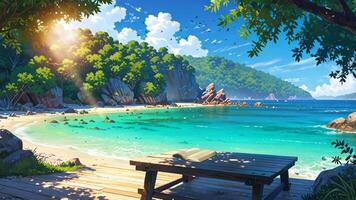 une serein plage scène avec une pique-nique table en dessous de une arbre, surplombant turquoise des eaux et rocheux rivages. le réglage est paisible et attrayant, parfait pour une relaxant journée par le mer. video