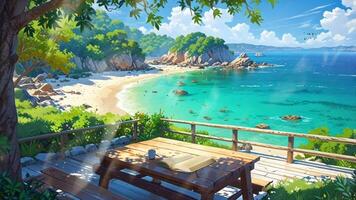 A serene beach scene with a picnic table under a tree, overlooking turquoise waters and rocky shores. The setting is peaceful and inviting, perfect for a relaxing day by the sea. video