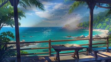 A serene beach scene with a picnic table under a tree, overlooking turquoise waters and rocky shores. The setting is peaceful and inviting, perfect for a relaxing day by the sea. video