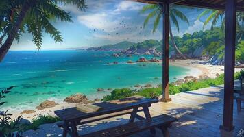 A serene beach scene with a picnic table under a tree, overlooking turquoise waters and rocky shores. The setting is peaceful and inviting, perfect for a relaxing day by the sea. video