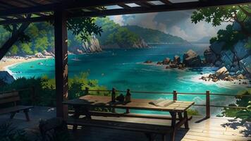 A serene beach scene with a picnic table under a tree, overlooking turquoise waters and rocky shores. The setting is peaceful and inviting, perfect for a relaxing day by the sea. video