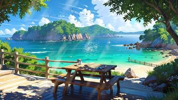 A serene beach scene with a picnic table under a tree, overlooking turquoise waters and rocky shores. The setting is peaceful and inviting, perfect for a relaxing day by the sea. video