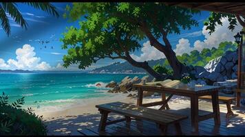 A serene beach scene with a picnic table under a tree, overlooking turquoise waters and rocky shores. The setting is peaceful and inviting, perfect for a relaxing day by the sea. video