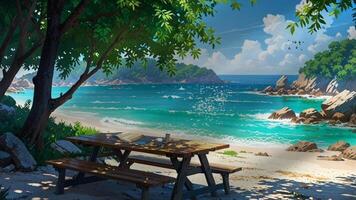 A serene beach scene with a picnic table under a tree, overlooking turquoise waters and rocky shores. The setting is peaceful and inviting, perfect for a relaxing day by the sea. video