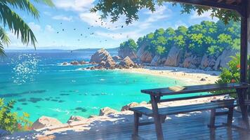 un sereno playa escena con un picnic mesa debajo un árbol, con vista a turquesa aguas y rocoso orillas el ajuste es pacífico y atractivo, Perfecto para un relajante día por el mar. video
