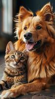 Dog and cat get along. Happy portrait of a dog with a cat. A puppy and a kitten sitting together photo