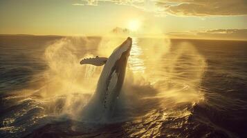 A magnificent humpback whale jumping out of the water in close-up photo