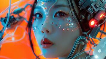 Futuristic portrait of Asian woman with cables, wires, and LEDs against an orange background photo