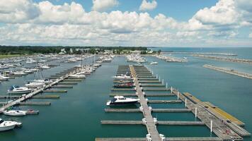 Aerial view of a marina with yachts and boats docked. Lake Michigan, Illinois video