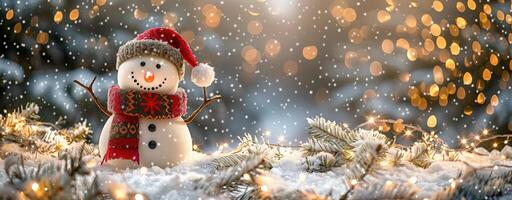 Festive snowman with scarf and hat in snowy winter scene with twinkling Christmas lights photo