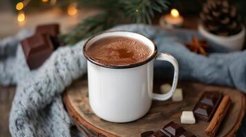 Cozy winter scene with homemade hot chocolate in a white enamel mug, surrounded by blanket photo