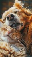 Dog and cat get along. Happy portrait of a dog with a cat. A puppy and a kitten sitting together photo