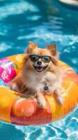 A dog in sunglasses lounges in a pool on an inflatable ring with cocktails, exuding contentment and humor photo