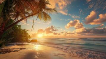 Tropical beach sunset with palm trees, golden sand, and calm waves creating a serene coastal scene photo