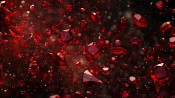 Red rubies on black backdrop. Symbols of luxury, wealth, prosperity. Abstract splashes of gemstones. photo