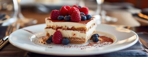 Delicious tiramisu dessert topped with fresh raspberries and blueberries on white plate, close-up photo