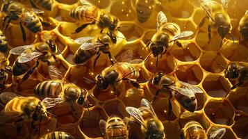 Close up of honeybee on honeycomb, showcasing natural honey production and insect teamwork, beekeeping photo