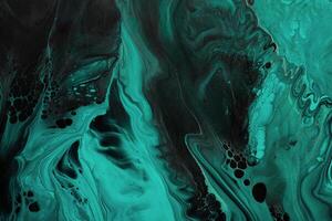 Fluid Art. Green abstract wave swirls on black background. Marble effect background or texture photo