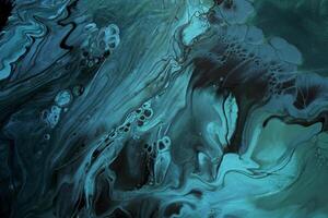 Fluid Art. Metallic Green and blue abstract waves with golden particles on black background. Marble effect background or texture photo