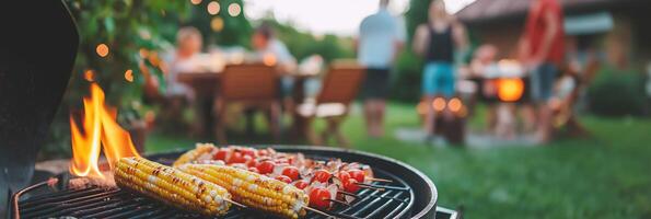 Summer bbq grilling corn and skewers in a backyard party setting photo