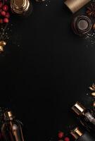 A black background with a faint shine and the hint of luxury products in the corners, perfect for adding advertising text photo