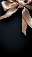 A black background with a ribbon bow elegantly tied and placed in the upper corner, creating a luxurious gift feel with empty space photo