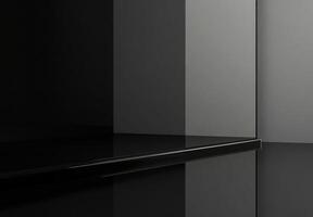 A glossy black background with a hint of a product display shelf in the corner, perfect for adding text to the empty space photo