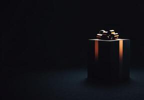 A black background with the silhouette of a gift box slightly off-center, ideal for promotional banners with copy space photo