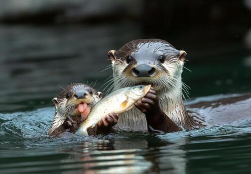 An otter swimming with her pup while holding a fish, showcasing the teaching of survival skills photo