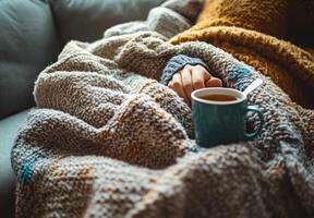 A person curled up in a blanket on the couch, with a cup of tea in hand, looking cozy and content photo