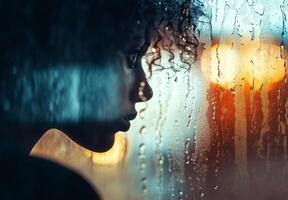 A person staring out of a rain-soaked window, with raindrops running down the glass, lost in contemplation photo